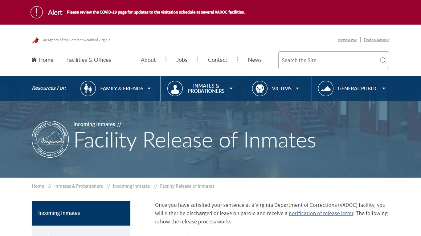 Facility Release of Offenders - Virginia Department of Corrections